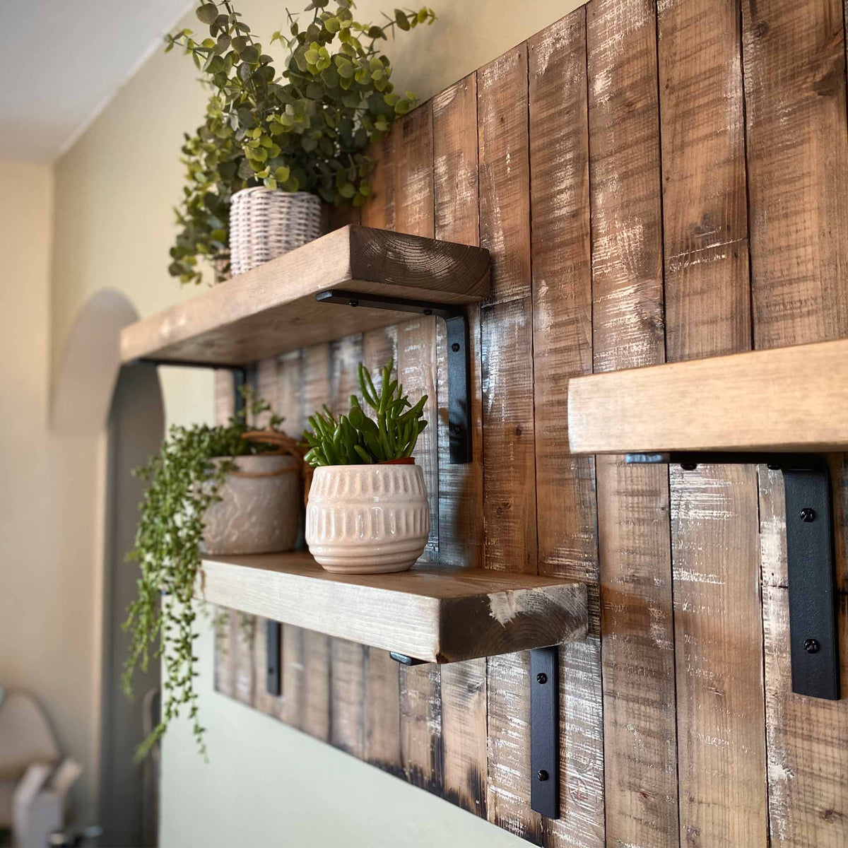 Rustic wooden wall shelving panel | aged wood | industrial | Warden&#39;s Crafts &amp; Creations | Side view