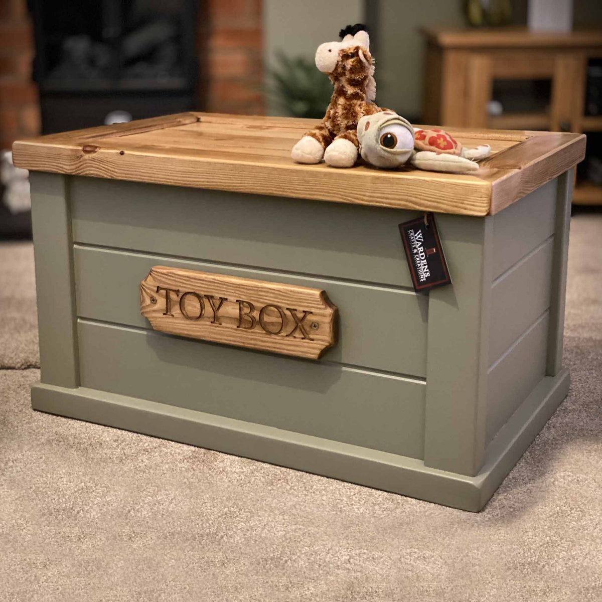Small Wooden Toy Box - Treron Green - Farrow &amp; Ball. Engraved name plaque - Warden&#39;s Crafts &amp; Creations