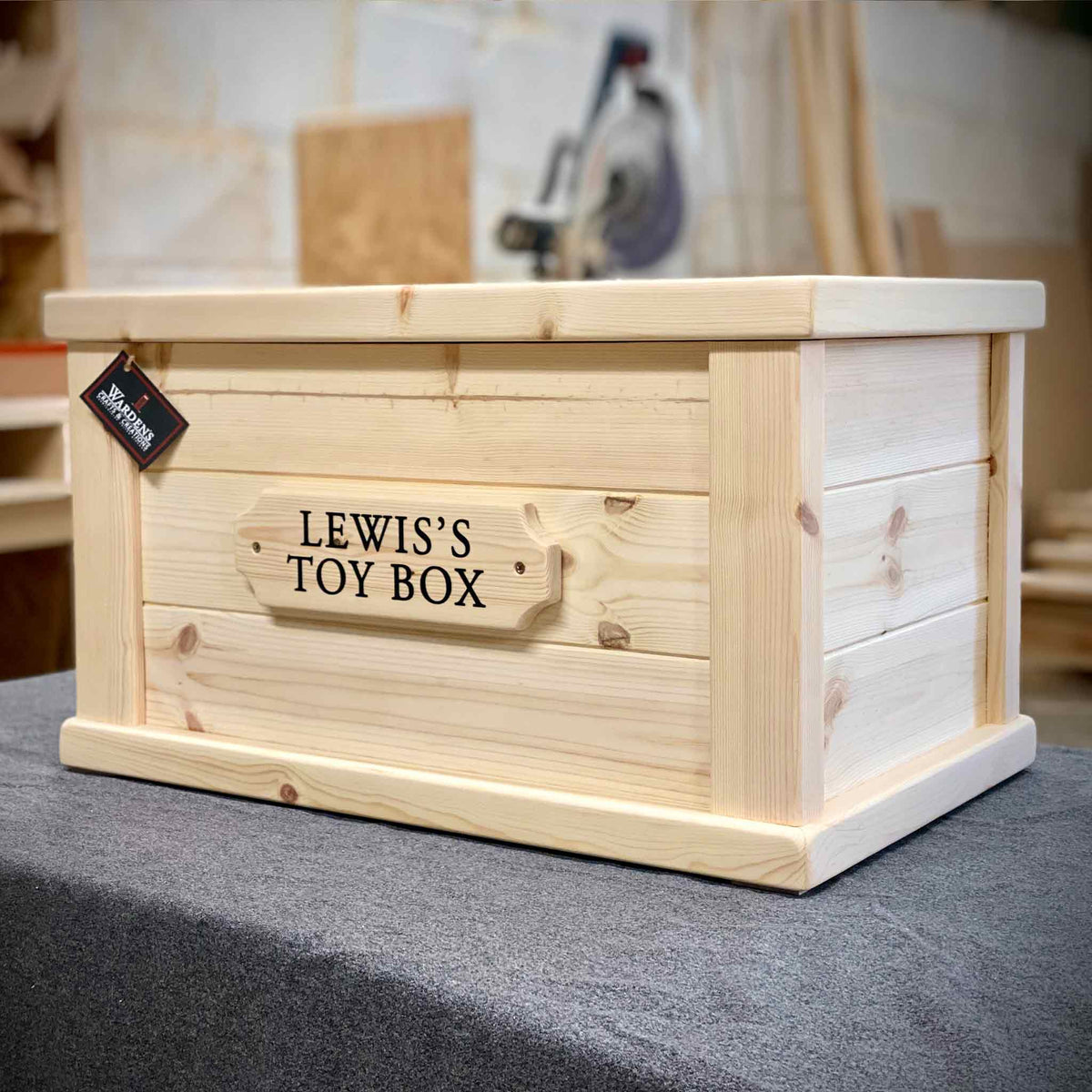 Traditional Wooden Toy box | Engraved name plaque | Warden&#39;s Crafts &amp; Creations | Side View